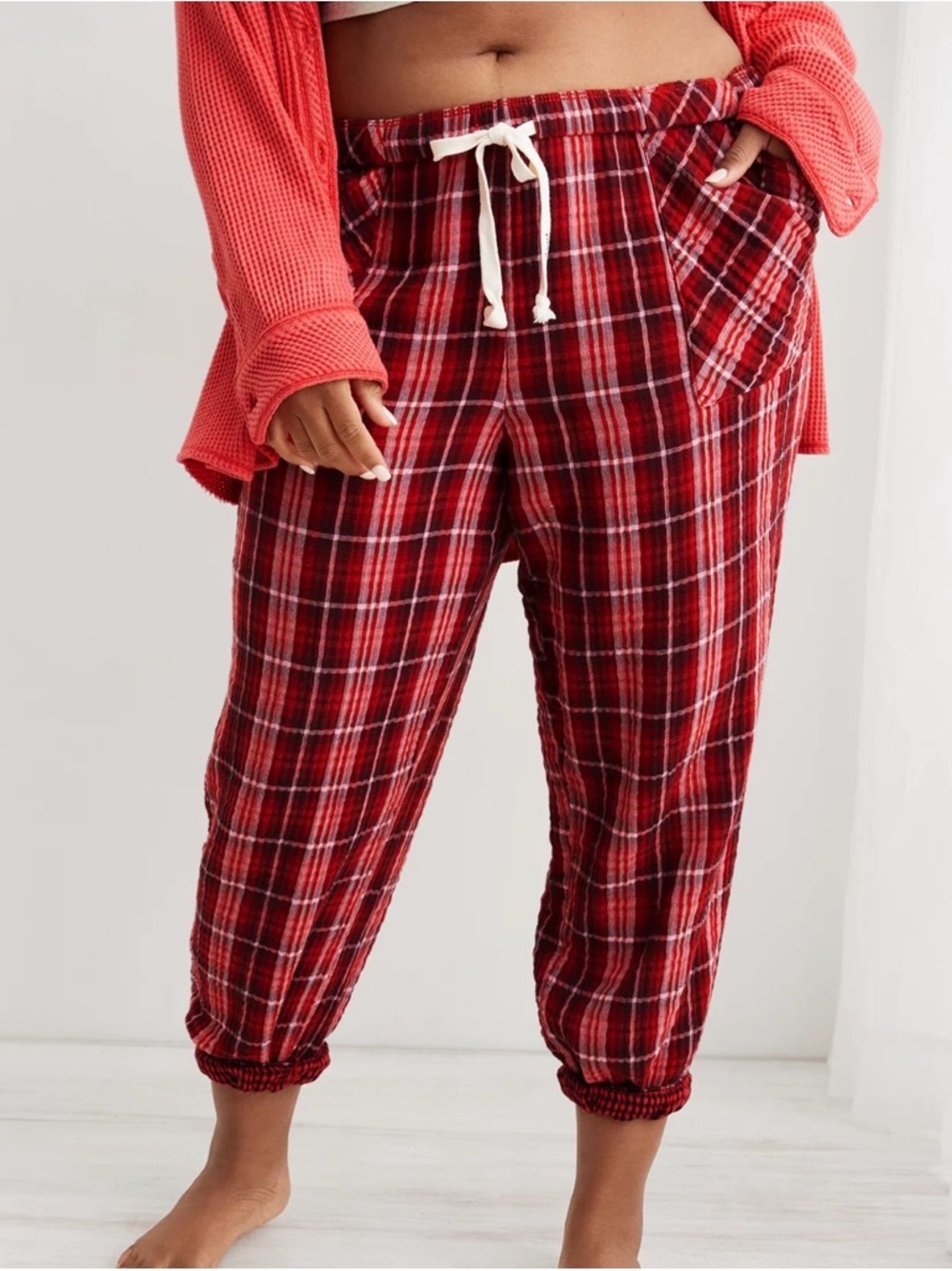 Aerie Soft Gauze Red Plaid Drawstring‎ Lounge Pants Pajama Small P 100% Cotton